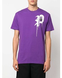 violettes bedrucktes T-Shirt mit einem Rundhalsausschnitt von Philipp Plein