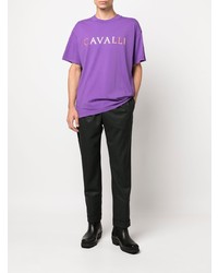 violettes bedrucktes T-Shirt mit einem Rundhalsausschnitt von Roberto Cavalli