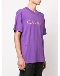 violettes bedrucktes T-Shirt mit einem Rundhalsausschnitt von Roberto Cavalli