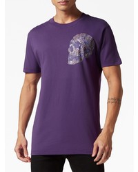 violettes bedrucktes T-Shirt mit einem Rundhalsausschnitt von Philipp Plein