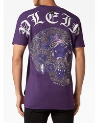 violettes bedrucktes T-Shirt mit einem Rundhalsausschnitt von Philipp Plein