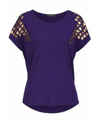 violettes bedrucktes T-Shirt mit einem Rundhalsausschnitt von Melrose