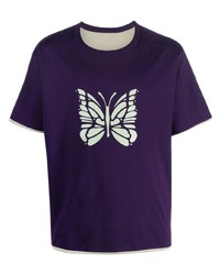violettes bedrucktes T-Shirt mit einem Rundhalsausschnitt von Needles