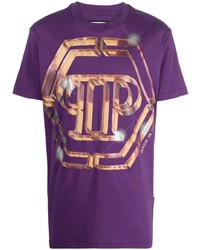 violettes bedrucktes T-Shirt mit einem Rundhalsausschnitt von Philipp Plein