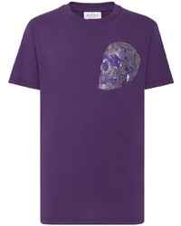 violettes bedrucktes T-Shirt mit einem Rundhalsausschnitt von Philipp Plein