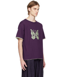 violettes bedrucktes T-Shirt mit einem Rundhalsausschnitt von Needles