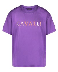 violettes bedrucktes T-Shirt mit einem Rundhalsausschnitt von Roberto Cavalli