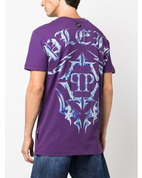 violettes bedrucktes T-Shirt mit einem Rundhalsausschnitt von Philipp Plein