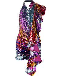 violettes gerade geschnittenes Kleid aus Pailletten mit Rüschen