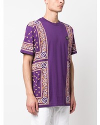 violettes T-Shirt mit einem Rundhalsausschnitt mit Paisley-Muster von Philipp Plein