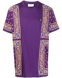 violettes T-Shirt mit einem Rundhalsausschnitt mit Paisley-Muster von Philipp Plein