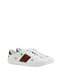 weiße bedruckte Leder niedrige Sneakers von Gucci