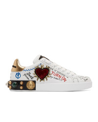 weiße bedruckte Leder niedrige Sneakers von Dolce and Gabbana