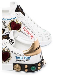 weiße bedruckte Leder niedrige Sneakers von Dolce & Gabbana