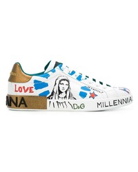 weiße bedruckte Leder niedrige Sneakers von Dolce & Gabbana