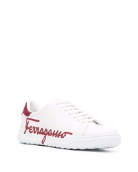 weiße bedruckte Leder niedrige Sneakers von Salvatore Ferragamo