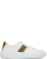 weiße bedruckte Leder niedrige Sneakers von Versace