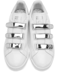 weiße bedruckte Leder niedrige Sneakers von Raf Simons