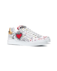 weiße bedruckte Leder niedrige Sneakers von Dolce & Gabbana