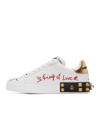 weiße bedruckte Leder niedrige Sneakers von Dolce and Gabbana