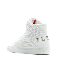 weiße beschlagene hohe Sneakers aus Leder von Philipp Plein