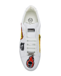 weiße bestickte Leder niedrige Sneakers von Philipp Plein