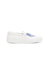 weiße bestickte Slip-On Sneakers aus Segeltuch