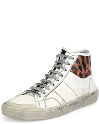 weiße hohe Sneakers aus Leder mit Leopardenmuster