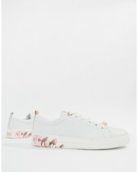 weiße Leder niedrige Sneakers mit Blumenmuster