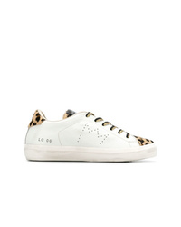 weiße Leder niedrige Sneakers mit Leopardenmuster
