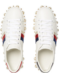 weiße Leder niedrige Sneakers mit Schlangenmuster von Gucci
