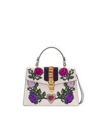 weiße Satchel-Tasche aus Leder mit Blumenmuster von Gucci