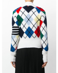 weiße Strickjacke mit Argyle-Muster von Thom Browne