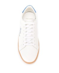 weiße und blaue bedruckte Leder niedrige Sneakers von Saint Laurent