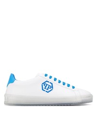 weiße und blaue bedruckte Leder niedrige Sneakers von Philipp Plein