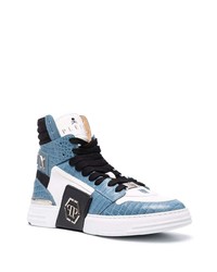 weiße und blaue hohe Sneakers aus Leder von Philipp Plein