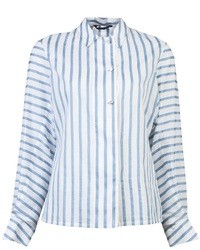 weiße und blaue vertikal gestreifte Bluse mit Knöpfen