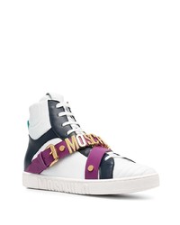 weiße und dunkelblaue hohe Sneakers aus Leder von Moschino