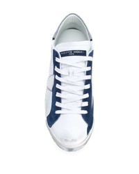 weiße und dunkelblaue Leder niedrige Sneakers von Philippe Model Paris