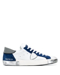 weiße und dunkelblaue Leder niedrige Sneakers von Philippe Model Paris