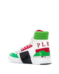 weiße und grüne hohe Sneakers aus Leder von Philipp Plein