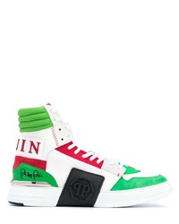 weiße und grüne hohe Sneakers aus Leder von Philipp Plein