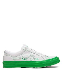 weiße und grüne Leder niedrige Sneakers von Converse