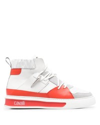 weiße und rote hohe Sneakers aus Leder von Roberto Cavalli