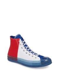 weiße und rote und dunkelblaue hohe Sneakers aus Segeltuch