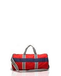 weiße und rote und dunkelblaue Segeltuch Sporttasche