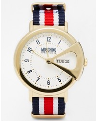 weiße und rote und dunkelblaue vertikal gestreifte Segeltuch Uhr von Moschino