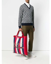 weiße und rote und dunkelblaue vertikal gestreifte Shopper Tasche aus Segeltuch von Gucci