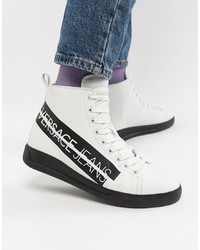 weiße und schwarze bedruckte hohe Sneakers aus Leder