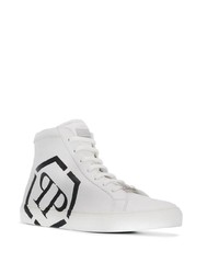 weiße und schwarze bedruckte hohe Sneakers aus Leder von Philipp Plein